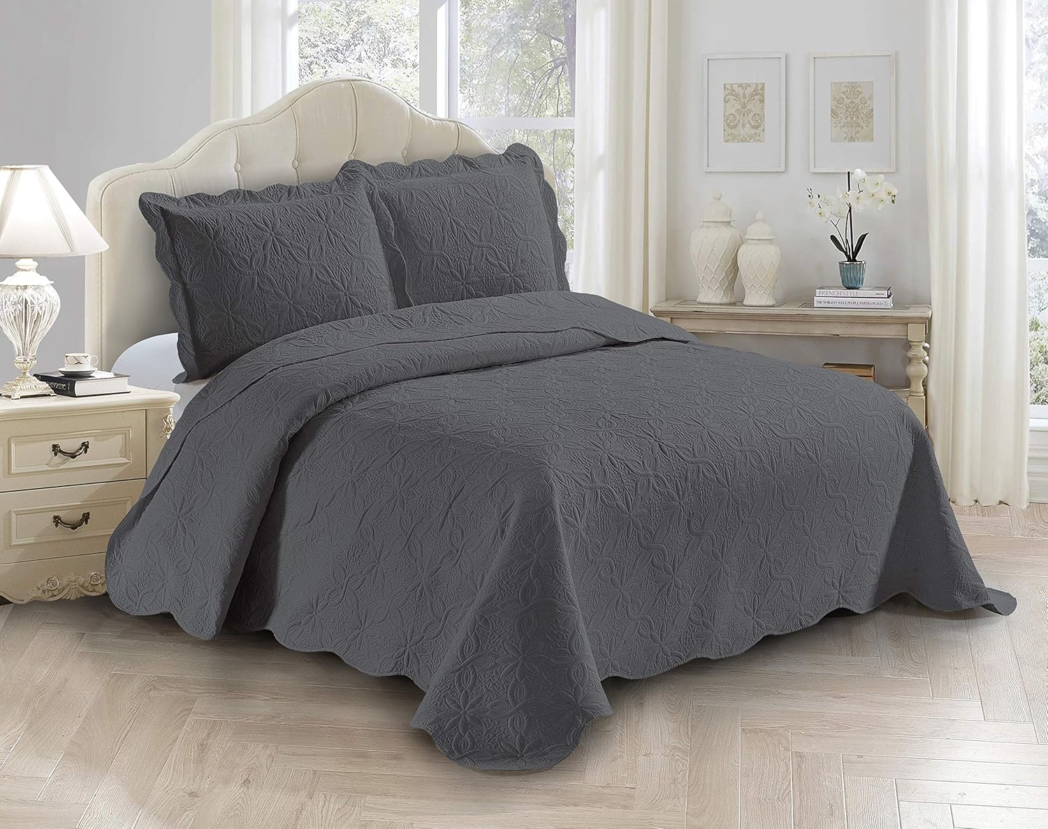 Fancy Linen 3pc Embossed Coverlet Bedspread Set Solid Floral Daisy Pattern Charcoal