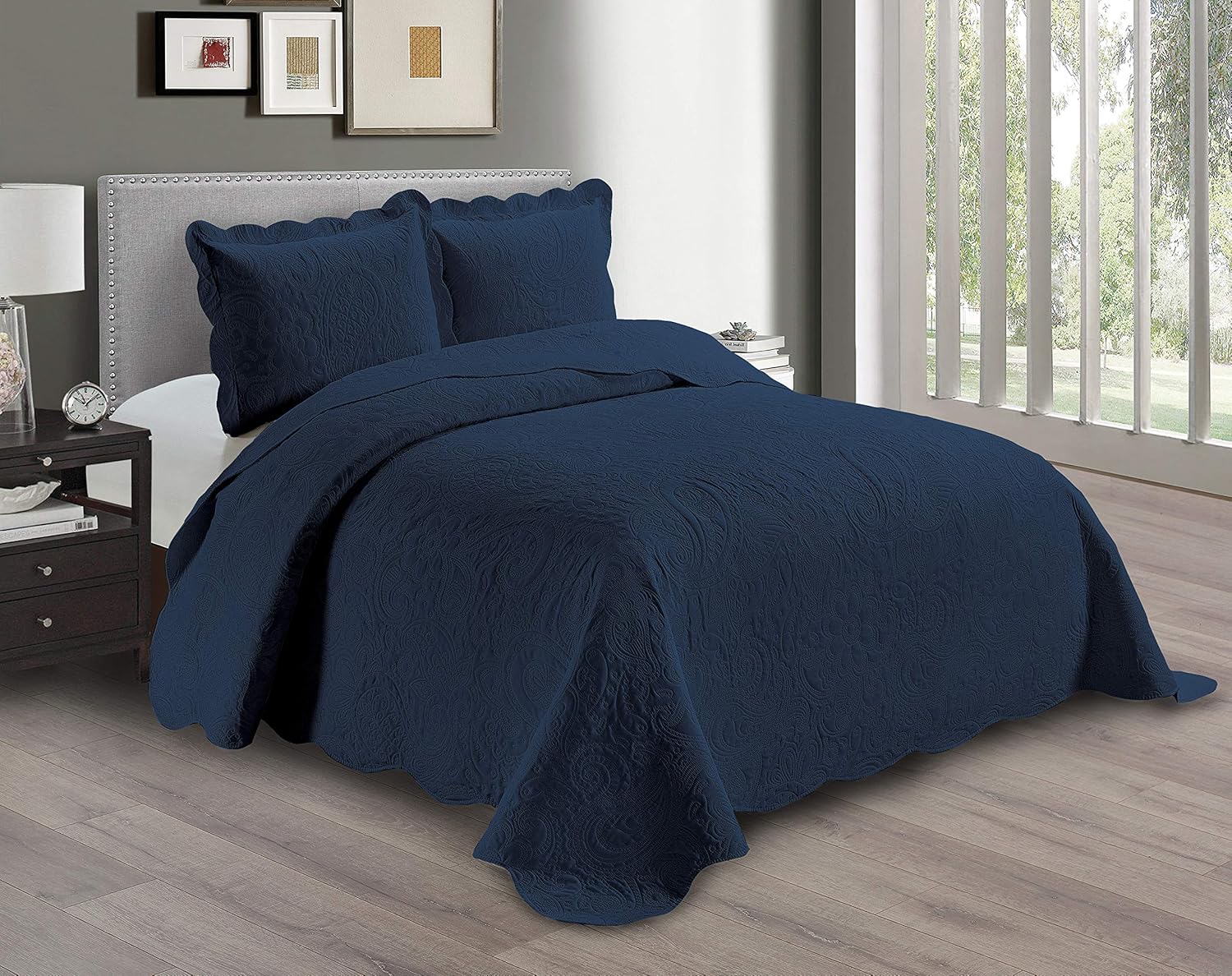 Linen Plus Embossed Coverlet Set 3pc Navy Blue Full Queen