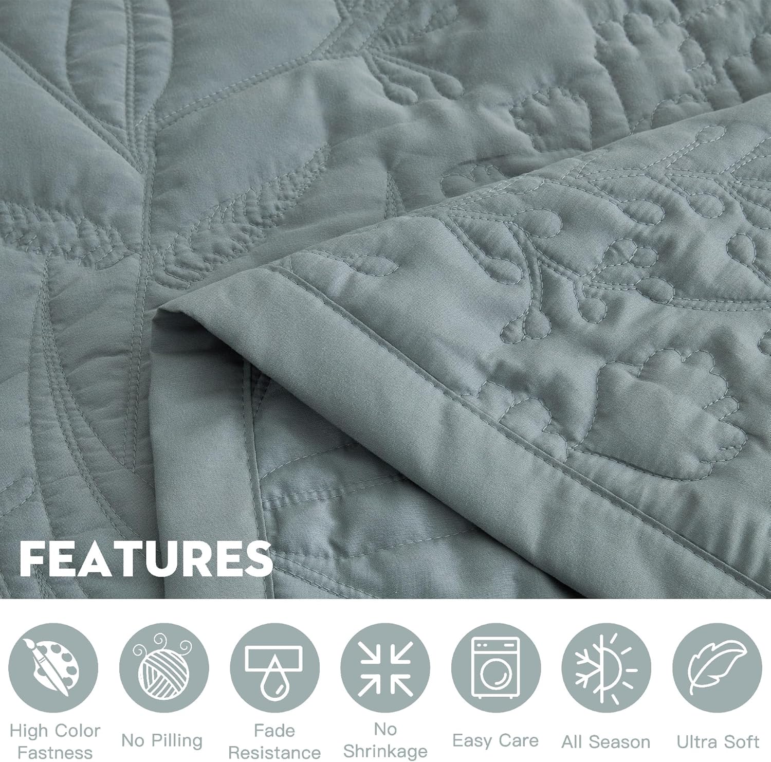 HZ HY Leaves Pattern Oversized King Bedspread Set Grey