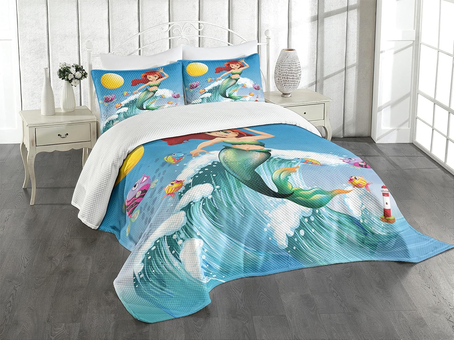 Ambesonne Mermaid Bedspread Set - White Grey 3 Piece King Size