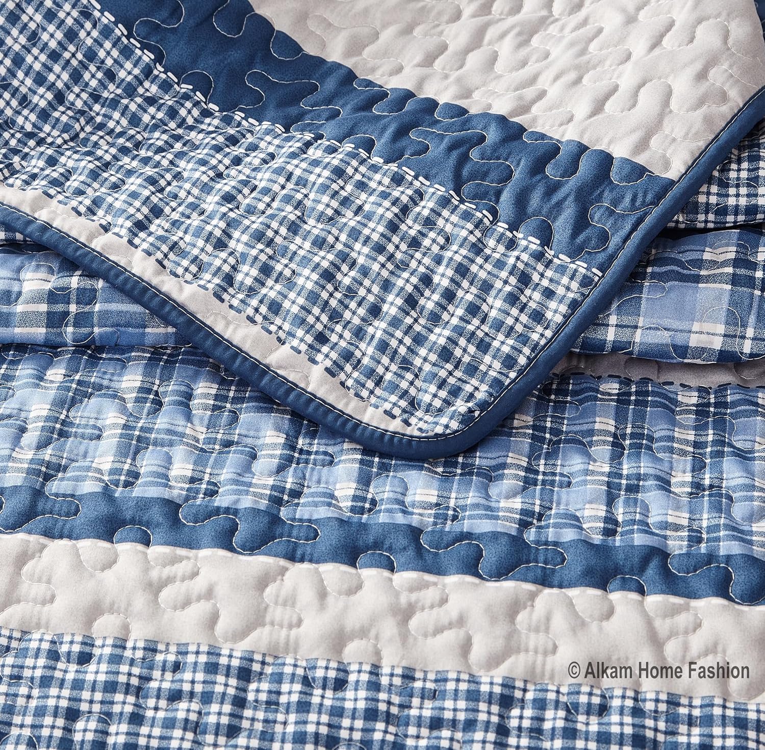 All American Collection Blue and Gray Plaid 3-Piece Queen Bedspread Set
