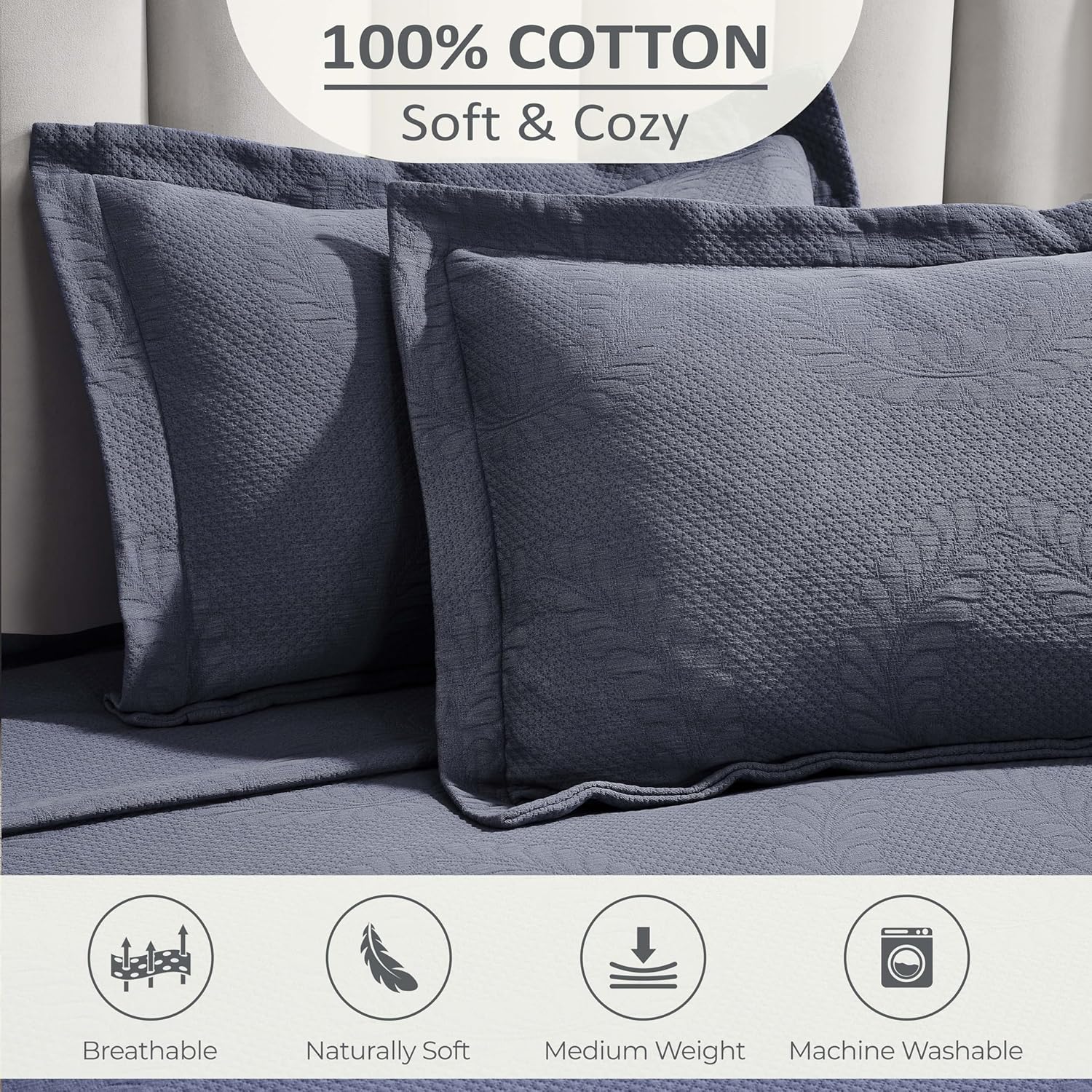 Superior 3 Piece Cotton Bedspread Set Denim Blue