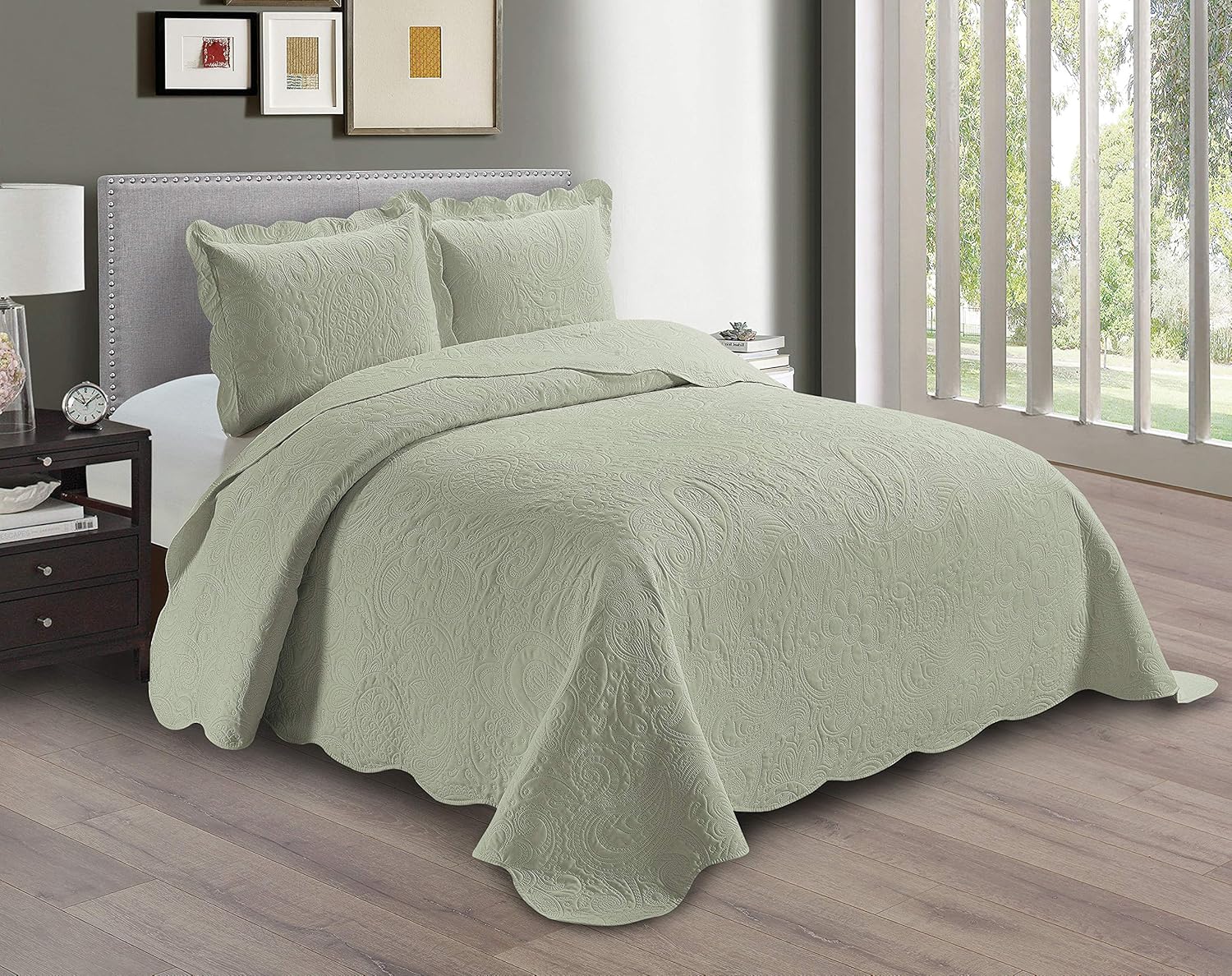 Linen Plus Embossed Coverlet Bedspread Set 3pc Light Green