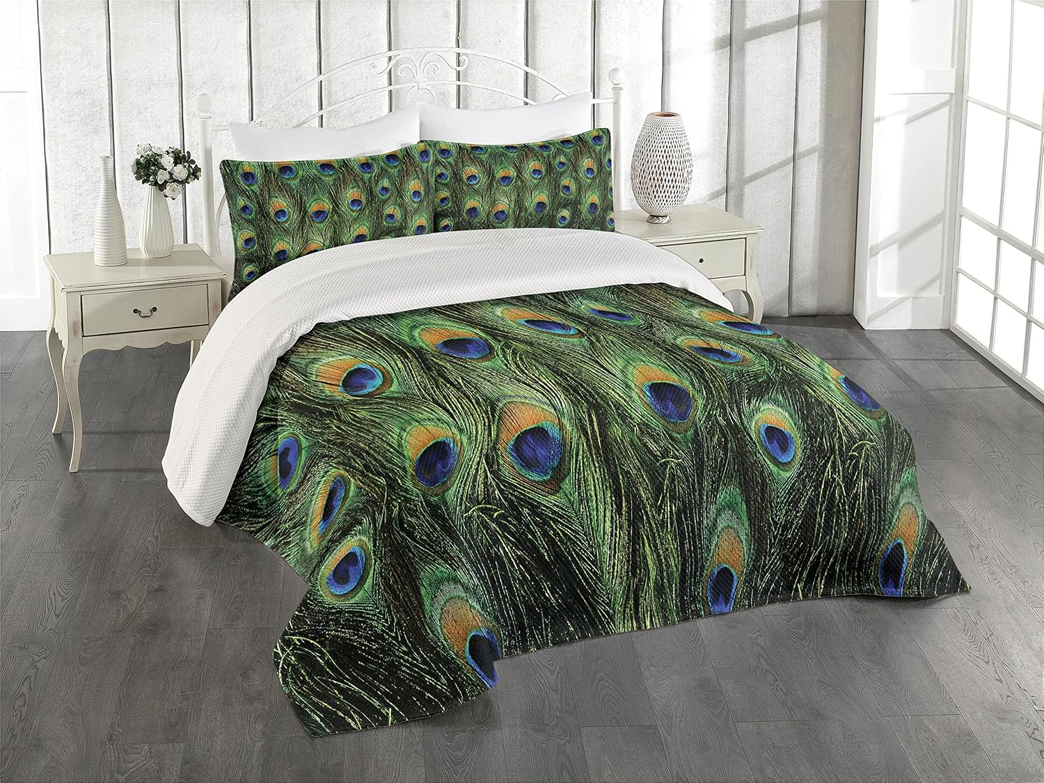 Ambesonne Peacock Coverlet Set 3 Piece King Size