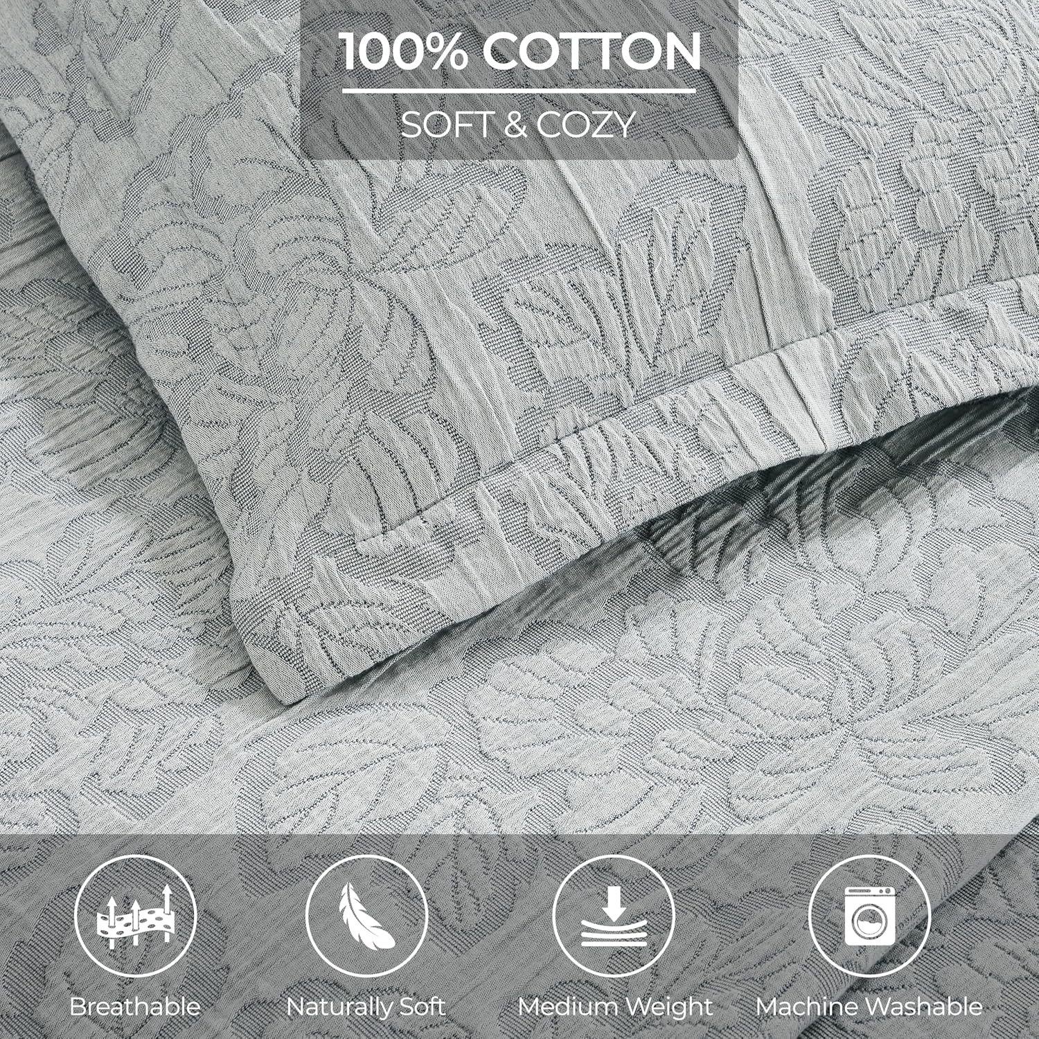 Superior 3 Piece Cotton Bedspread Set - Hibiscus Collection California King Grey