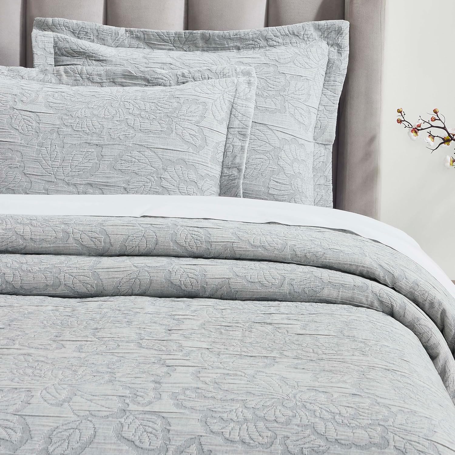 Superior 3 Piece Cotton Bedspread Set - Hibiscus Collection California King Grey